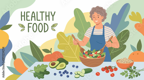 A person joyfully preparing a healthy salad with fresh vegetables and grains, showcasing the importance of nutrition, wellness, and enjoying cooking at home.