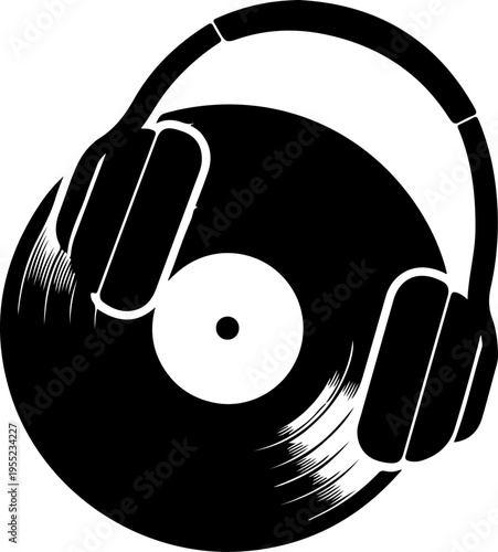 Black vinyl record with headphones vector
