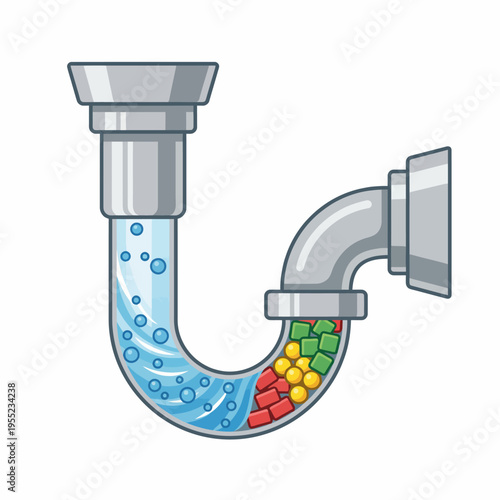 An imaginative plumbing scene showing a U-shaped pipe filled with flowing blue water and colorful candy-like shapes, representing the fun and quirky side of plumbing.