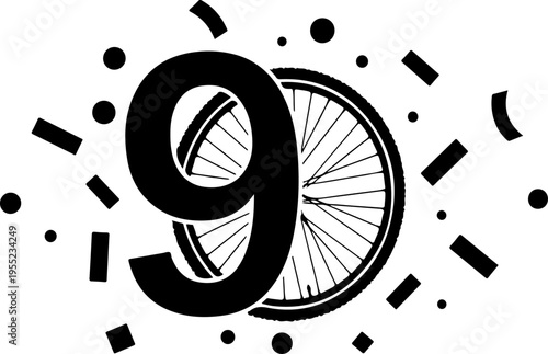 Vector bicycle wheel icon with number 9 and confetti