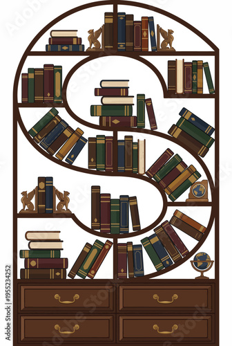 A beautifully designed bookshelf shaped like an 'S', filled with colorful books, decorative items, and a globe, symbolizing knowledge and creativity.