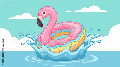 A playful flamingo-shaped pool float adorned with a donut design, ideal for summer fun at the pool or beach, promoting joy and relaxation in sunny settings.