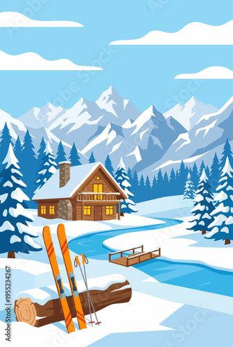 A charming winter cabin nestled in a snowy landscape, accompanied by ski equipment that invites adventure and leisure, perfect for winter getaways and snowy retreats.