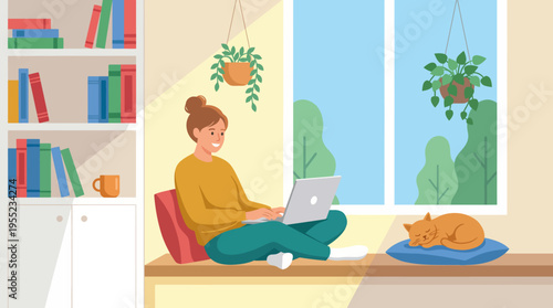A relaxed scene depicting a woman working on her laptop while sitting by a window, radiating comfort and joy with a cat beside her, showcasing the beauty of remote work life.
