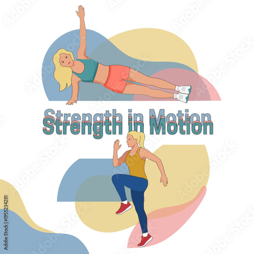 Two dynamic women are depicted in motion, showcasing strength and fitness in an energetic workout setting, highlighting the importance of health and active lifestyles.