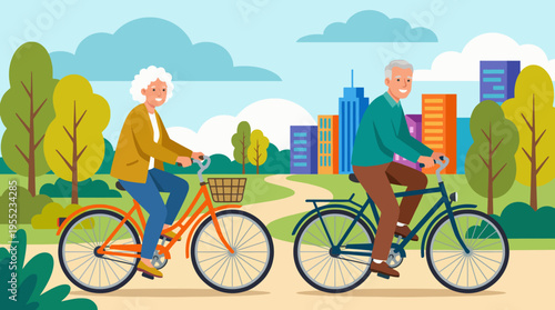 Two joyful seniors are cycling through a colorful park filled with trees and buildings, emphasizing a healthy and active lifestyle amidst nature's beauty.