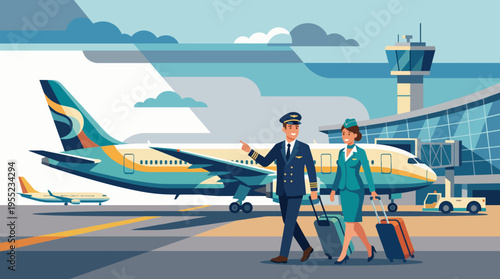 A cheerful pilot and flight attendant stroll together at the airport with their luggage, embodying teamwork and the spirit of air travel in a vibrant, engaging atmosphere.