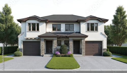 Modern duplex house with two garages side by side. Symmetrical residential building exterior features white walls stone accents. Manicured lawn green trees surround property.