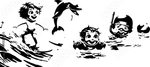 Set of 3 cartoon children swimming vector illustrations