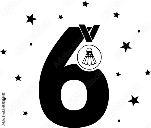 Vector illustration of number 6 with badminton medal icon