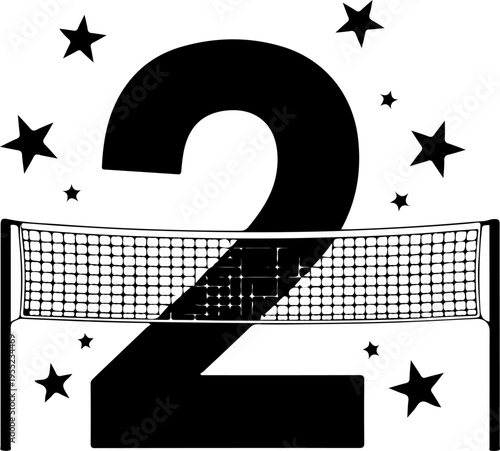 Black vector illustration of number 2 with volleyball net and stars