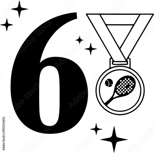 Vector illustration of 1 medal icon with tennis racket and ball on a ribbon, number 6