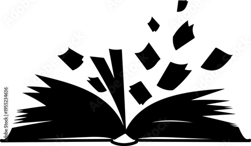 Black vector illustration of an open book with flying pages