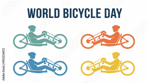 Vibrant graphic illustration showcasing a collection of recumbent cyclists in various colors, symbolizing outdoor activity and the joy of pedaling on a special global day