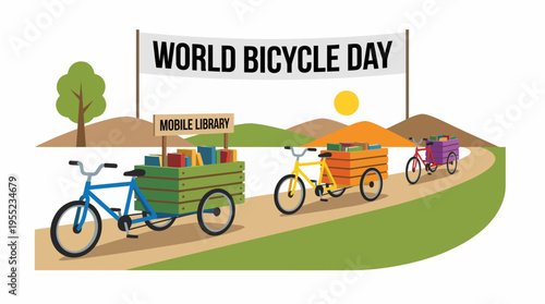 Celebrating World Bicycle Day with a vibrant parade of mobile service bikes, including a library and fresh produce, fostering community spirit and sustainable living