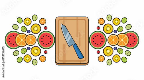 Vibrant flat vector illustration depicting fresh fruit preparation on a wooden cutting board with a knife, symbolizing healthy eating and culinary activities