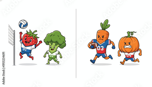 Vibrant cartoon vegetables and fruits joyfully engage in various athletic competitions, showcasing teamwork and spirited rivalry on the field