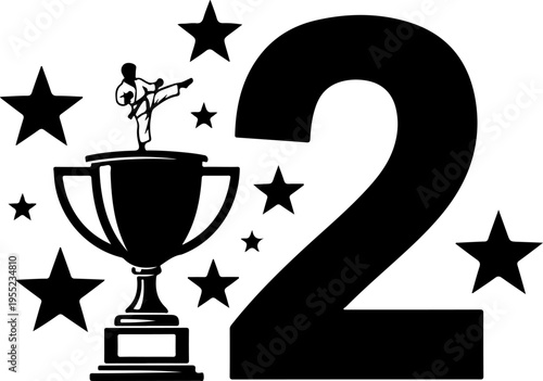 Vector trophy icon with karate champion and stars, second place