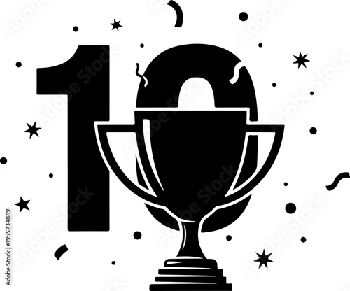 Black vector trophy icon with number 1 and confetti
