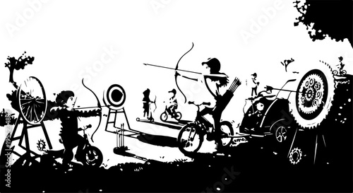 Black and white vector illustration of people riding bicycles and shooting bows and arrows