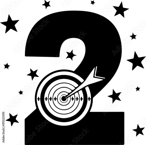 Vector illustration of number 2 with dart hitting target and stars