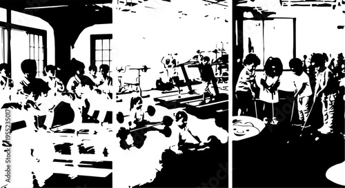 Black and white vector illustration set of 3 gym scenes