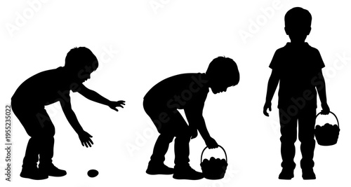 Children silhouette collecting eggs in basket Easter hunt simple vector illustration