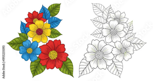 Colorful and Outline Flower Corner Design Elements
