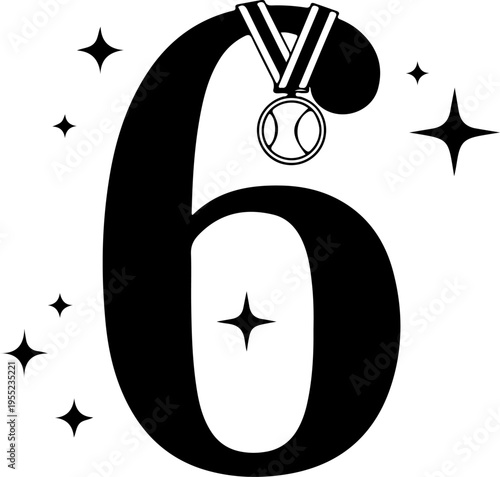 Vector illustration of number 6 with medal and stars