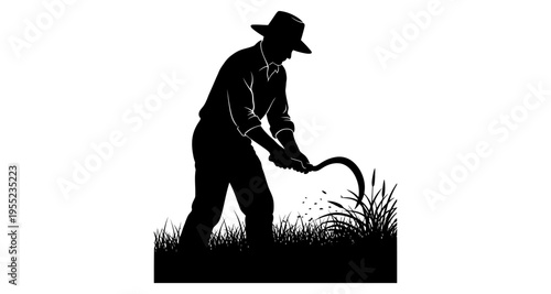Farmer Silhouette Mowing Grass with Sickle in Field
