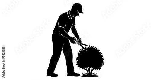 Gardener Silhouette Pruning Bush with Shears Outdoor Activity Stock Illustration