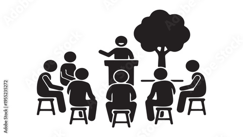 Village meeting or town hall illustration with people listening to a speaker under a tree.