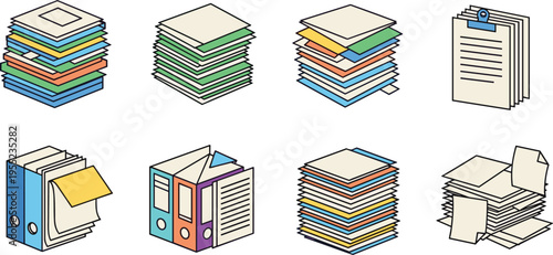 Document Stack and Office Paperwork Icon Set Featuring Files, Binders, Reports, Paper Piles, and Organized Documents in Flat Vector Illustration Style