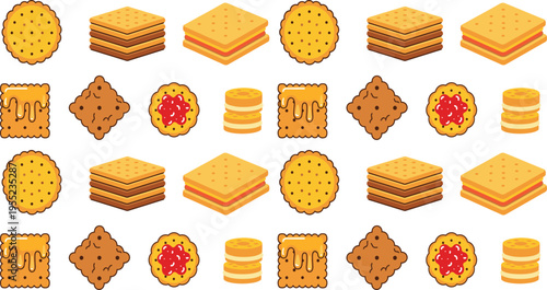 Cookie and Biscuit Seamless Pattern Featuring Sandwich Cookies, Jam Filled Biscuits, Crackers, and Sweet Snacks in Repeating Flat Vector Illustration Style