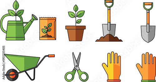 Gardening Tools and Plant Care Icon Set Featuring Watering Can, Seed Packet, Potted Plant, Shovel, Wheelbarrow, Scissors, and Protective Gloves in Flat Vector Style