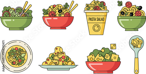 Pasta Salad and Healthy Food Icon Set Featuring Fresh Vegetable Bowls, Italian Pasta Dishes, Cheese Toppings, and Nutritious Meal Concepts in Flat Vector Style