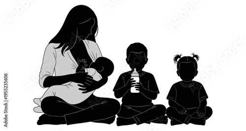 Mother Nursing Baby Siblings Watching Bottle Feeding Sitting Together Stock Illustration