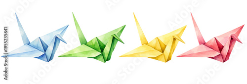 A vibrant collection of watercolor origami paper cranes in blue, green, yellow, and pink tones, featuring elegant folded bird shapes isolated on a transparent background.