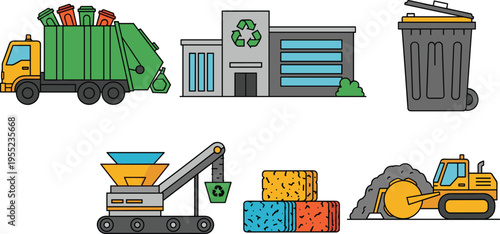 Waste Management and Recycling Icon Set Featuring Garbage Truck, Recycling Plant, Trash Bin, Sorting Conveyor, and Industrial Waste Processing Equipment in Flat Vector Style