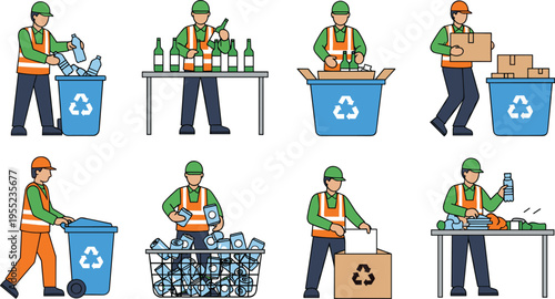 Recycling Workers and Waste Sorting Icon Set Featuring Garbage Collection, Plastic Separation, Bottle Processing, and Environmental Cleanup Activities in Flat Vector Style