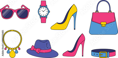 Women Fashion Accessories Icon Set Featuring Sunglasses, Wristwatch, High Heel Shoes, Handbag, Necklace, Hat, and Belt in Stylish Flat Vector Illustration Style