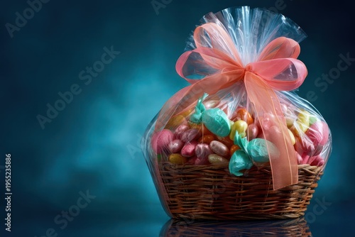 Easter Basket with Colorful Candies and Ribbons