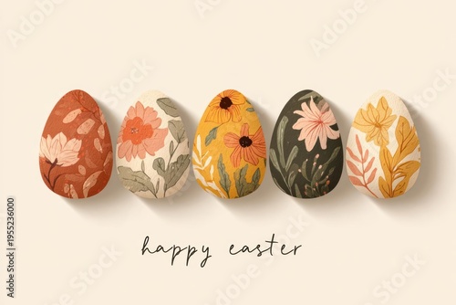 Easter Eggs with Floral Patterns on Beige Background