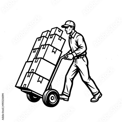 Warehouse Worker Pushing Hand Truck with Boxes Delivery Logistics Vector Illustration