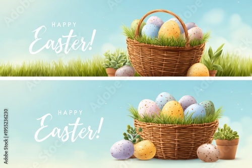 Easter Eggs in Wicker Basket on Grass with Happy Easter Text