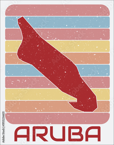 Aruba vintage logo. Shape of the country on retro colored stripes background. Aruba map design with grunge scratch texture. Vector illustration.
