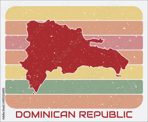 Dominican Republic vintage logo. Shape of the country on retro colored stripes background. Dominican Republic map design with grunge scratch texture. Vector illustration.