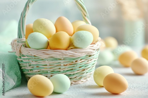 Pastel Easter Eggs in Woven Basket on Table
