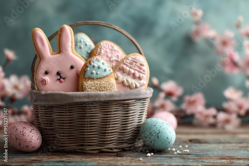 Pink Bunny Cookie in Easter Basket with Decorated Eggs