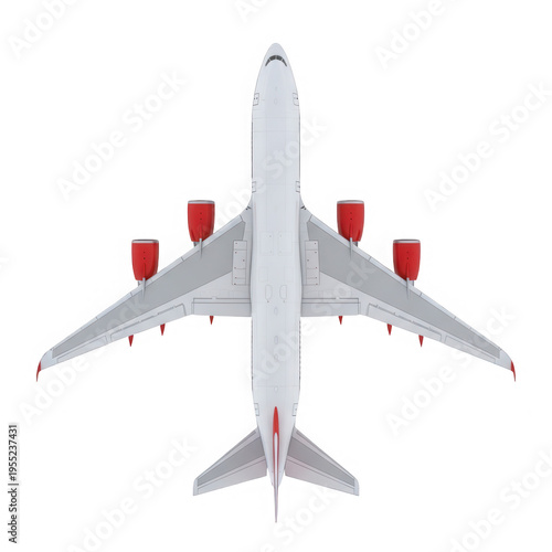A large white airplane with red engines on its wings isolated on transparent background